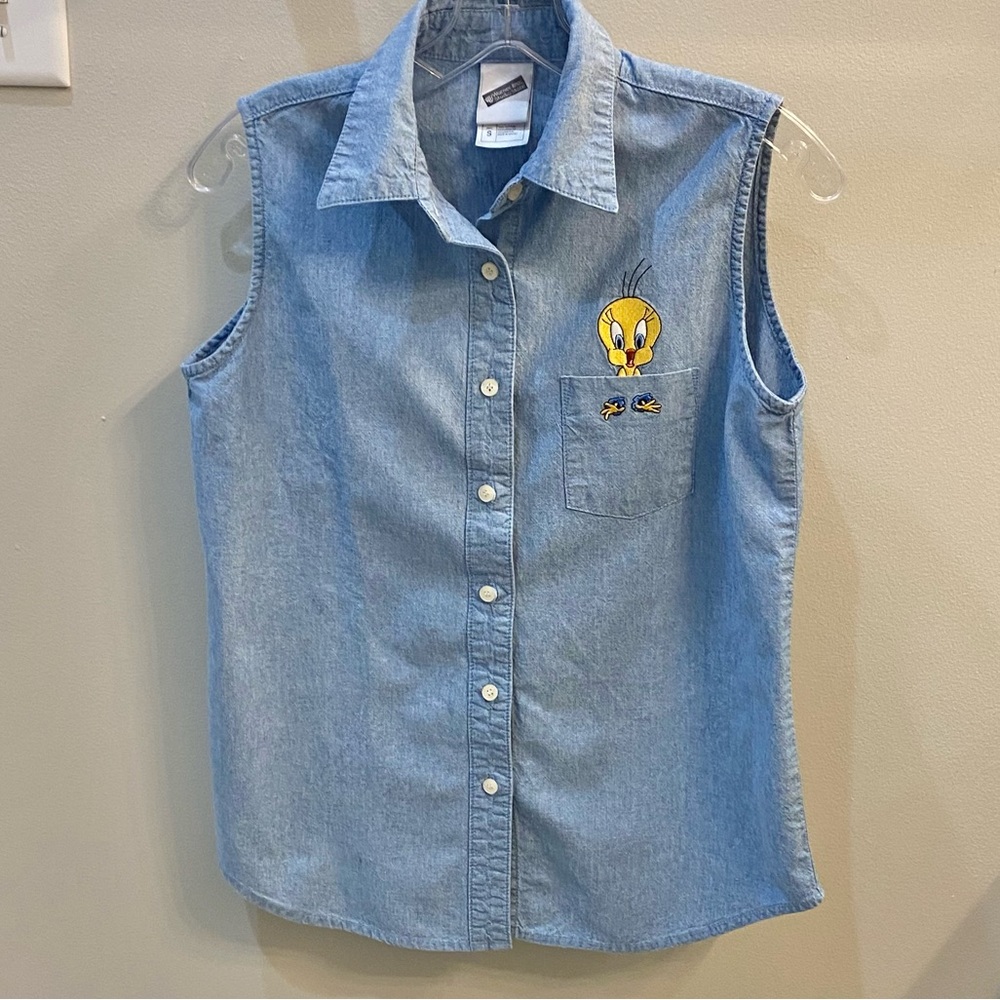 Tweety Bird Warner Bros. Studio Store Vintage Sleeveless Chambray Shirt S